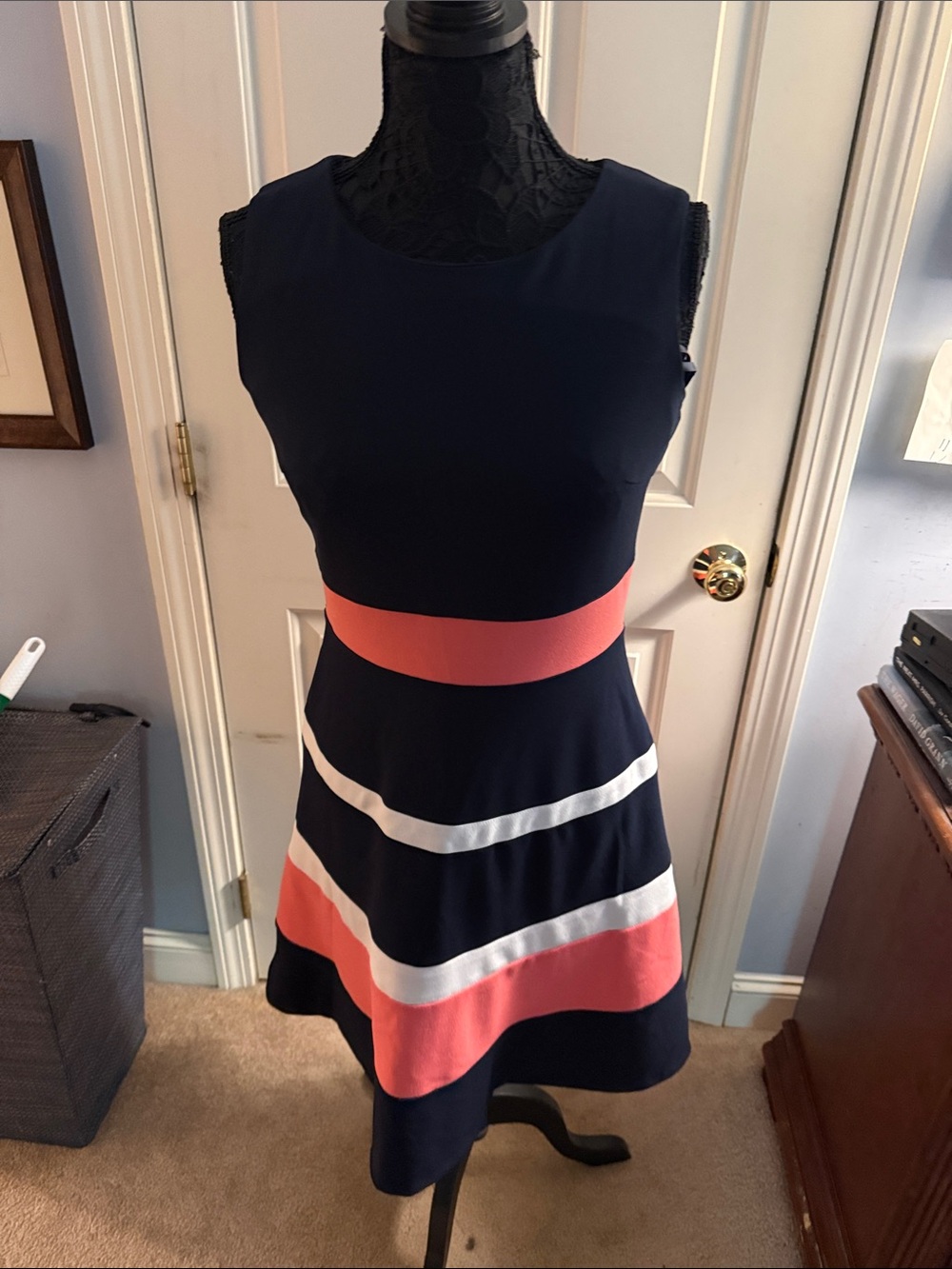 Tommy Hilfiger Navy Dress with Coral and White Stripe Accents